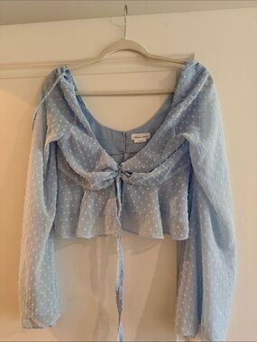 Lovers + Friends Light Blue Swiss Dot Tie-Front Blouse